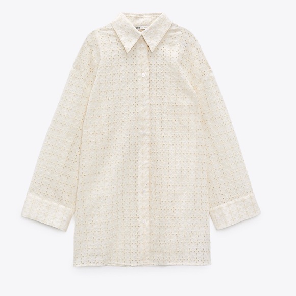 Zara NWT Oversized Cutwork Embroidered Buttoned Top Medium Ecru - Picture 3 of 10